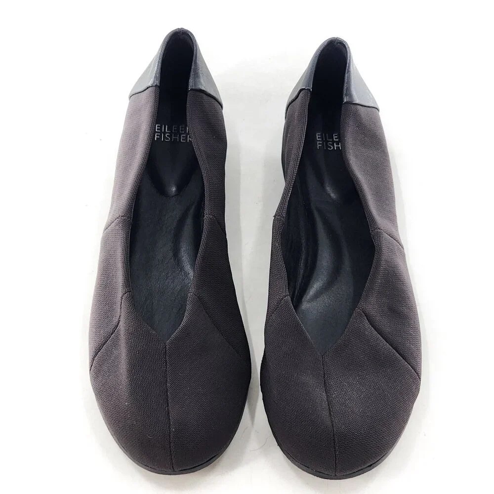 EILEEN FISHER‎ Grosgrain Leather V-Cut Ballet Flats Black